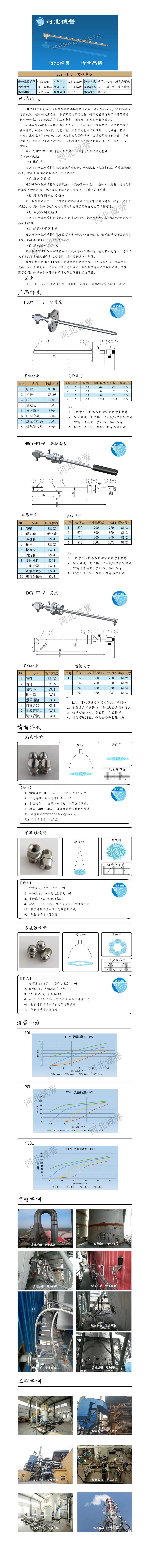 FT-V脫硝噴槍保護套、噴槍參數(shù)、材質(zhì)尺寸、流量分布圖、扇形空心錐俯視圖介紹，以及噴槍霧化視頻展示和工程案例介紹