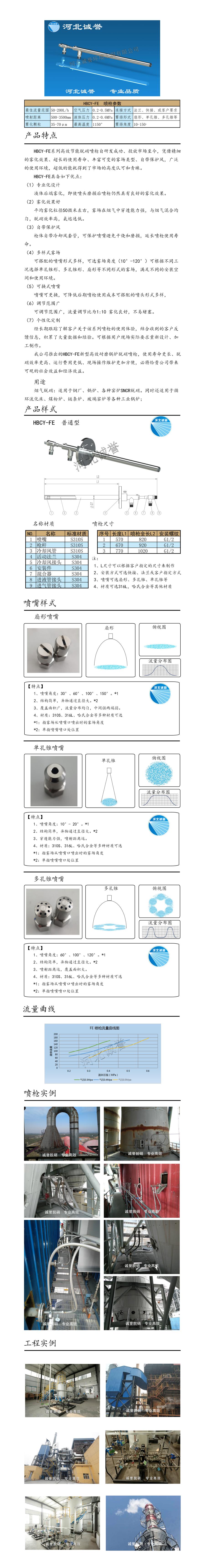 電廠脫硝噴槍保護(hù)套、噴槍參數(shù)、材質(zhì)尺寸、流量分布圖、扇形空心錐俯視圖介紹，以及噴槍霧化視頻展示和工程案例介紹