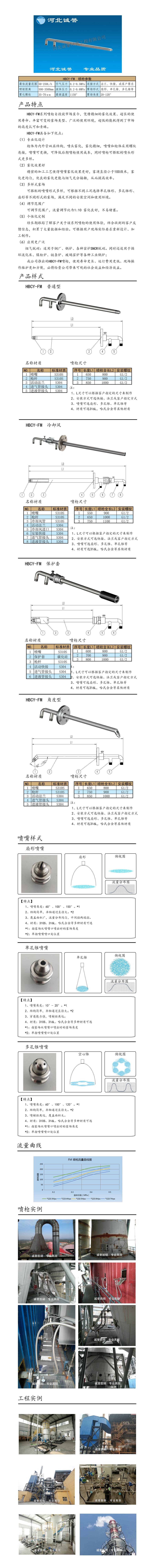 氨水噴槍、保護(hù)套、噴槍參數(shù)、材質(zhì)尺寸、流量分布圖、扇形空心錐俯視圖介紹，以及噴槍霧化視頻展示和工程案例介紹